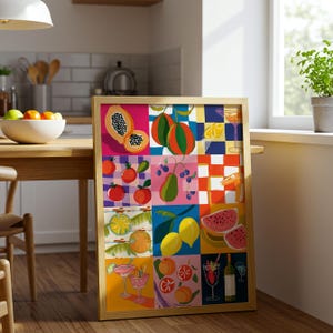Maximalistische kleurrijke keukenposter, fruitposter zomerthema, keukenmuurkunst, kleurrijk keukenontwerp, canvaskunst eethoek,