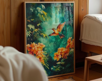 Colorful Hummingbird Wall Art,  Hummingbird Spring art, Bird wall decor, Hummingbird Art, Floral Art Decor, Bedroom Wall Poster,