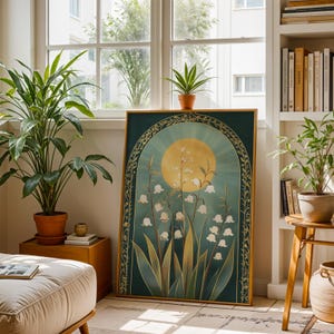 Lily of the Valley Emerald Wall Art, Sun with Flower Art Design, Mystical Gallery Wall Art, Nouveau Wall Art, Taurus May Birth Flower Art