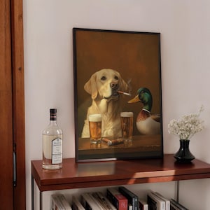 Ein Labrador Retriever und eine Stockente Ente Cabin Wall Decor Outdoor Sports Hunter, raucht eine Zigarette Vintage Poster