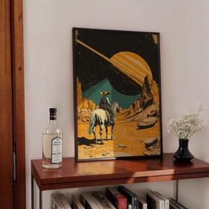 Affiche de cow-boy de science-fiction, décoration murale western, affiche cow-boy du désert, art mural extraterrestre photographie vintage, art mural rencontre extraterrestre rétro