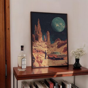 Retro Car in Space Retro Futurism Wall Art, Vintage Sci-Fi Poster, Surreal Art, Wall Decor, Adventure Retro Missing Home Scifi Art