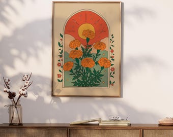 Marigold Flower Folk Art Print, Boho Botanical Poster, Vintage Inspired Nature Illustration, Living Room Wall Art, Vintage Botanical Poster