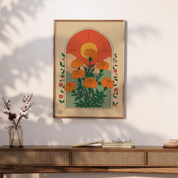 Marigold Flower Folk Art Print, Boho Botanical Poster, Vintage Inspired Nature Illustration, Living Room Wall Art, Vintage Botanical Poster