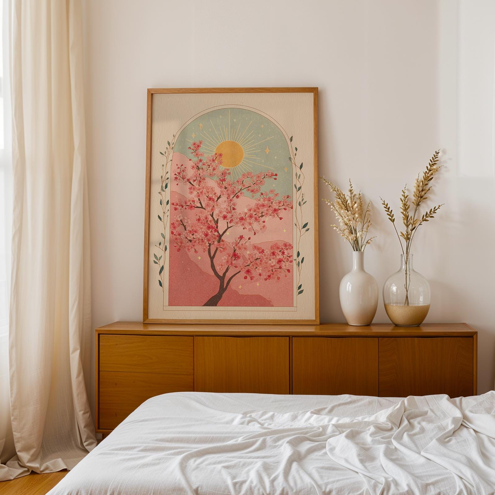 Cherry Blossom Pink Poster, Living Room Wall Art, Cherry Blossom Folk ...