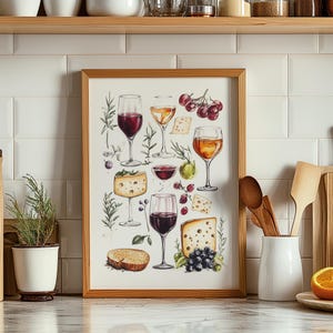 Eten en drinken illustraties poster, eetkamer esthetische galerij wanddecoratie, keukenposter, poster retro dinertafel, poster wijn en kaas