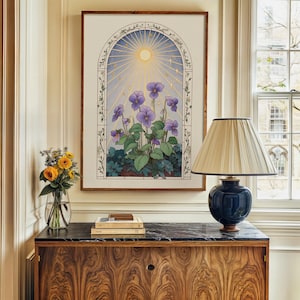 Póster de flor violeta, póster de lienzo de flores místicas, ilustración de arte popular, impresión espiritual floral, flor estatal violeta azul