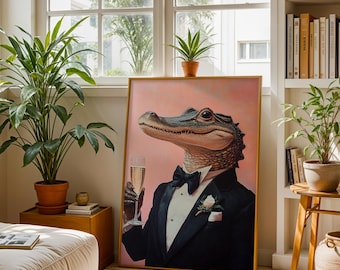 Krokodil Anzug Leinwand Druck, Elegante Wand Kunst für Wohnzimmer, Anspruchsvolles Tier Porträt, Klassische Wild Leinwand Druck,