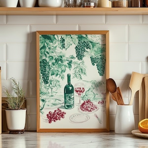 Print wijn en kaas, eetkamer esthetische galerij wanddecoratie, keukenposter, poster retro dinertafel, poster wijn en kaas