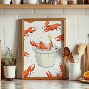 Plakat z nadrukiem homara z nadrukiem homara na plaży, wydruk artystyczny z owocami morza, wydruk z wózkiem barowym, dekoracja ścienna galerii estetyki jadalni, plakat kuchenny