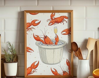 Kreeft print kreeft strand huis poster, zeevruchten kunst print, bar winkelwagen print, eetkamer esthetische galerij wanddecoratie, keuken poster