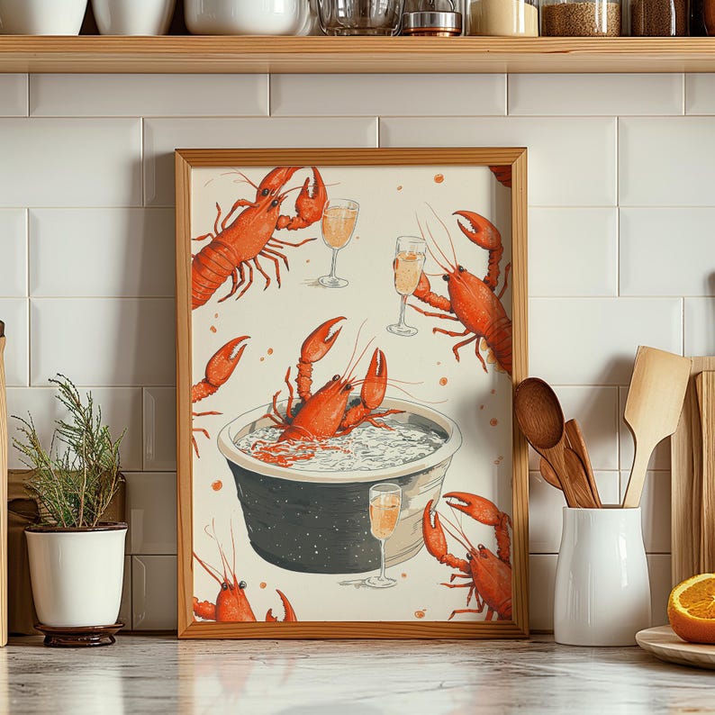 Retro Dinner Table Print, Kitchen Food and Drinks Illustrations Poster,