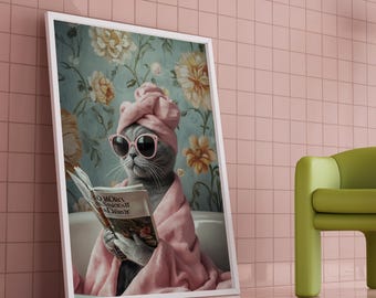 Funny Grey Cat Print For Toilet Wall Art Print, Maximalist Wall Art Bathroom Art Decor, Bathroom Cute Grey Cat, Vintage Pink Cat Painting