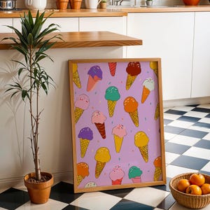 Niedliche Eistüte Muster Wandkunst, Bunter Sommer Druck, Pastell Dessert Poster, Küche, Kinderzimmer oder Spielzimmer Dekor, Lila Hintergrund