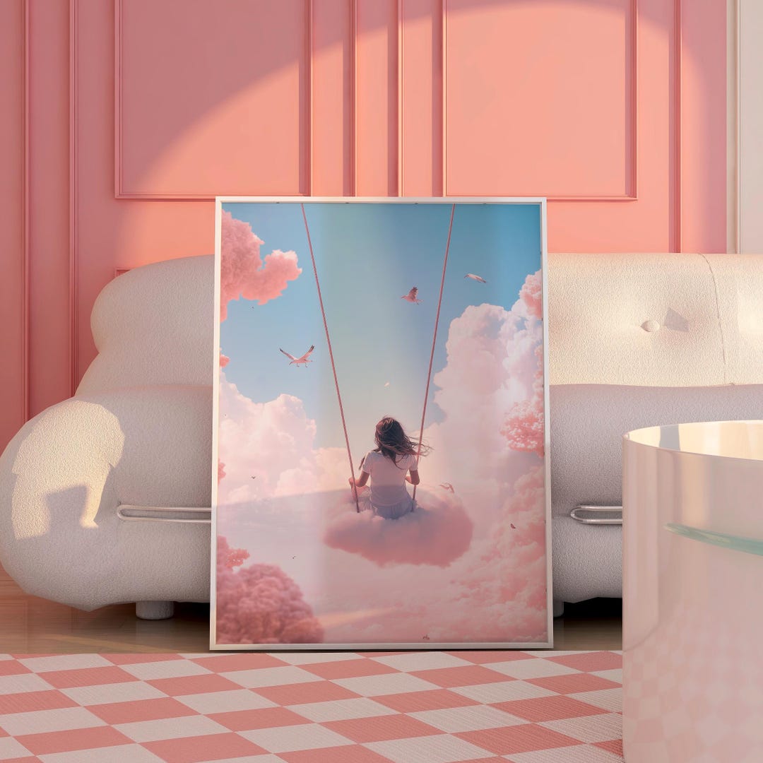 Dreamy Girl on Swing Poster, Surreal Sky Poster, Pink Clouds Art ...