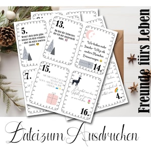 Op de afbeelding: Een verzameling printbare kaarten met zwarte tekst en illustraties. De kaarten bevatten citaten en nummers, met een decoratieve rand. De woorden "Vrienden voor het leven" en "Bestand om af te drukken" zijn ook zichtbaar.
