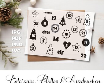 Digital Advent calendar numbers 1–24 | 40 mm for printing & plotting | PDF PNG JPEG SVG file for DIY calendars