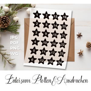 May include: A sheet of star-shaped stickers numbered 1-24 in black on a beige background. The stickers are arranged in rows and columns. The image also includes the file types JPG, PDF, PNG, and SVG.