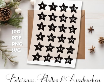 Digital Advent Calendar Numbers 1–24 | A4 Stars for Printing & Plotting | PDF PNG JPEG SVG File for DIY Calendars