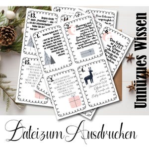Adventskalender PDF 24 lustige Fakten unnützes Wissen zum Ausdrucken | Digitaler 6 A4 Seiten, Trivia Fun, Geschenkidee DIY Karten