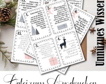 Calendario dell'Avvento in PDF: 24 curiosità e conoscenze inutili - Stampabile | Digitale 6 pagine A4, quiz divertenti, biglietti fai da te con idee regalo