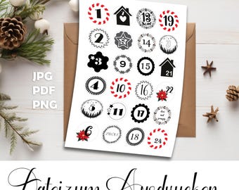 Digital Advent calendar numbers 1–24, 40mm labels, PDF PNG JPEG download