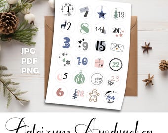 Digital Advent calendar numbers 1–24, 40mm labels, PDF PNG JPEG download