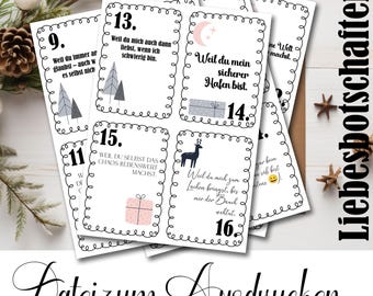 Advent Calendar PDF: 24 Love Messages to Print | Digital, 6 A4 Pages, Gift Idea for Girlfriend, DIY Cards, Love, Partner, Romance