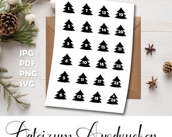Digital Advent calendar numbers 1–24 | 40 mm labels for printing & plotting | pdf png jpeg svg file for DIY calendars
