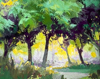 Original gouache painting Glints of Gold trees impressionist landscape painting,  artwork by Elo Wobig