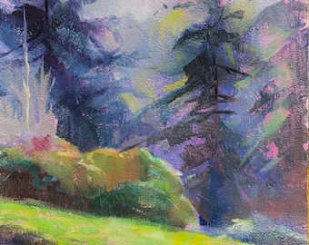 Original Oil paintings misty fir tree  5x7 inch small plein air landscape painting fine art gallery collection by Elo Wobig