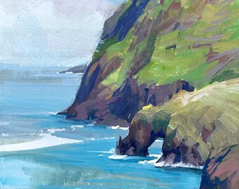 Otter Crest Arch, original gouache plein air painting, Oregon Coast landscape by Elo Wobig