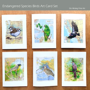 Kunstkaartenset van 6 bedreigde diersoorten vogels op kaart notitiekaarten blanco binnenkant 5 x 7 inlijstbare kunst van originele acrylschilderijen van Elo Wobig