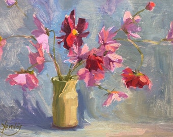 Mother's Day Gift Pink Cosmos flowers original oil painting 8x10 still life Impressionism floral art by Elo Wobig