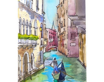 Venice Gondola Watercolor Art Giclee, Italy Travel Sketch