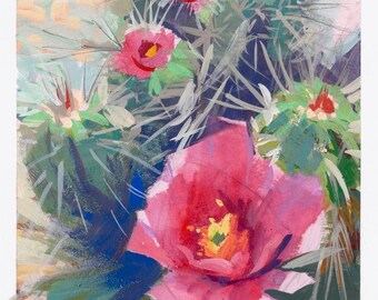 Original gouache painting Cactus blossoms  Prickly Posy desert landscape unframed artwork by Elo Wobig