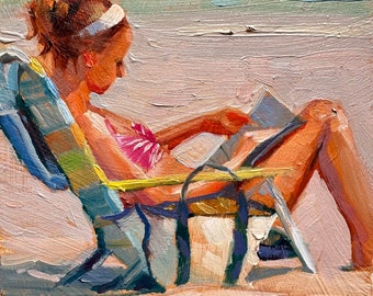 Summer Reading, original oil painting, girl reading on beach 4x4 inch on gessoed wood panel, unframed artwork