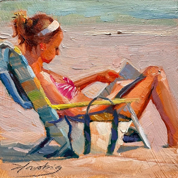 Summer Reading, original oil painting, girl reading on beach 4x4 inch on gessoed wood panel, unframed artwork