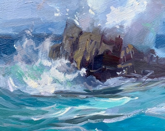 Ocean crashjng waves marine Monterey California impressionist oil painting contemporary art 6x8 inch original art by Elo Wobig