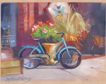 Vintage Blue Bike Gouache Art Print, Sellwood Portland Scene
