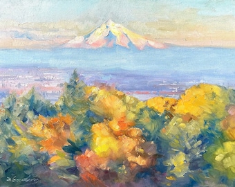Autumn Spectrum - fall leaves and Mount Hood original impressionist oil painting PNW Oregon landscape