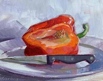 Original Oil Painting: Red Pepper Still Life, Kitchen Art (6x8)