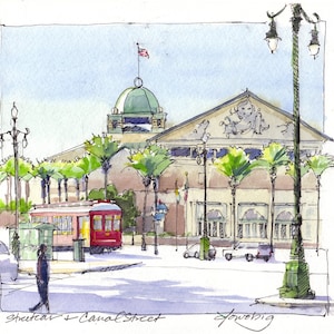 New Orleans Art Print: Canal Street Streetcar Watercolor Sketch