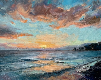 Original oil Painting Sunset beach cloudscape Mental Vacation artwork by Elo Wobig