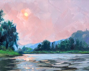Original oil painting ready to hang cradled panel dusk mauve seascape sunset pink skies landscape Oregon Columbia River Gorge by Elo Wobig
