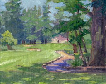 Golf course golfer gift oil painting Original landscape square 8x8 -golf green lawn - Portland Oregon - Sports Art  Glendoveer by Elo Wobig