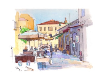 Venice Cafe Watercolor Print Giclee, Italy Travel Art