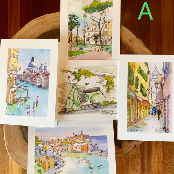 Art Card set Italy Watercolor Ink 5 notecards Venice Rome Travel blank inside 5x7 framable art Set A