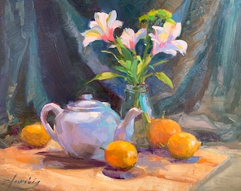 Original Oil Painting, Still life, “Lilies and Lemons” Unframed,  by Elo Wobig