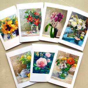 7 Art Card Set Flower Bouquet, roses daisy sunflower oil paintings, blank inside 5x7 framable artwork by Elo Wobig